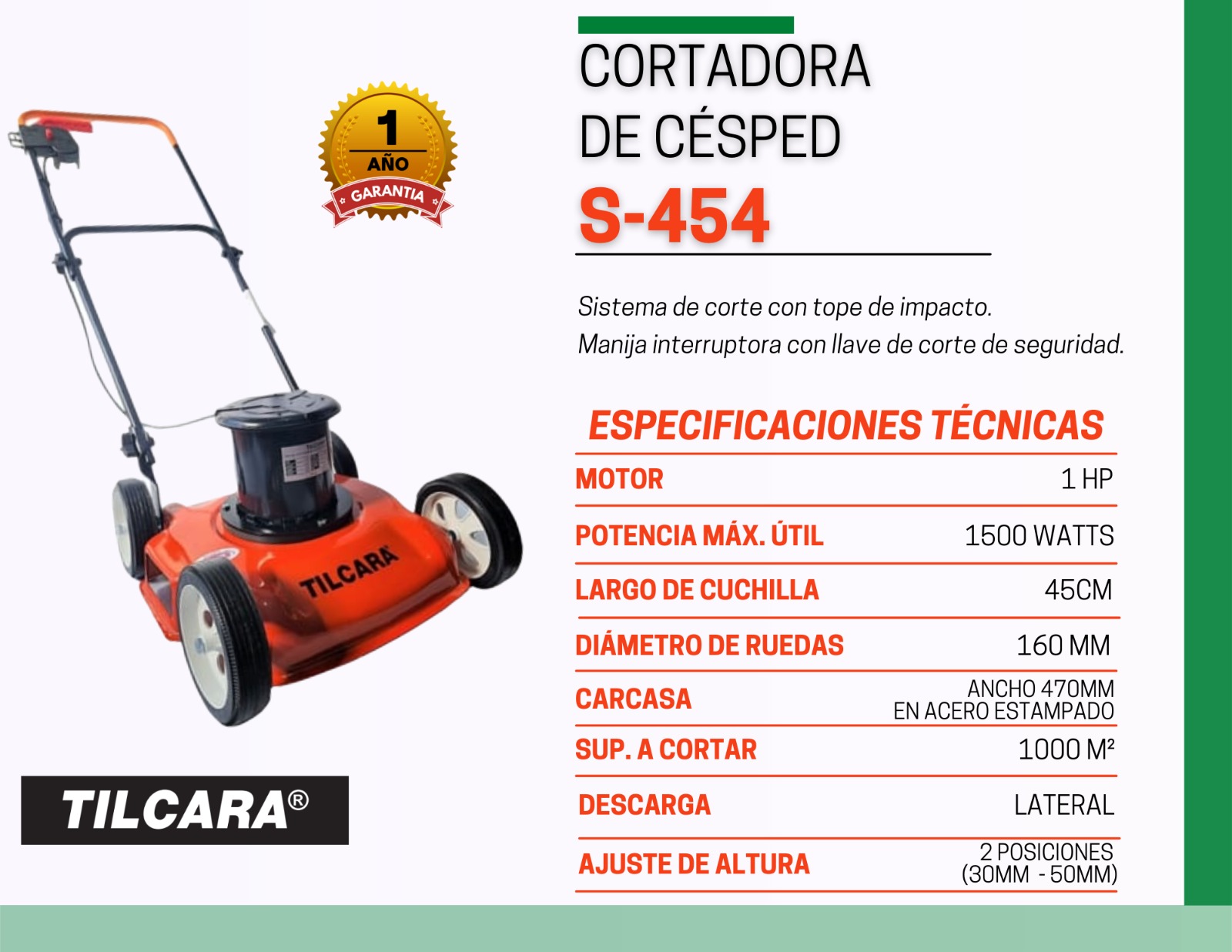 Ficha técnica cortadora tradicional salida lateral s-454 Tilcara