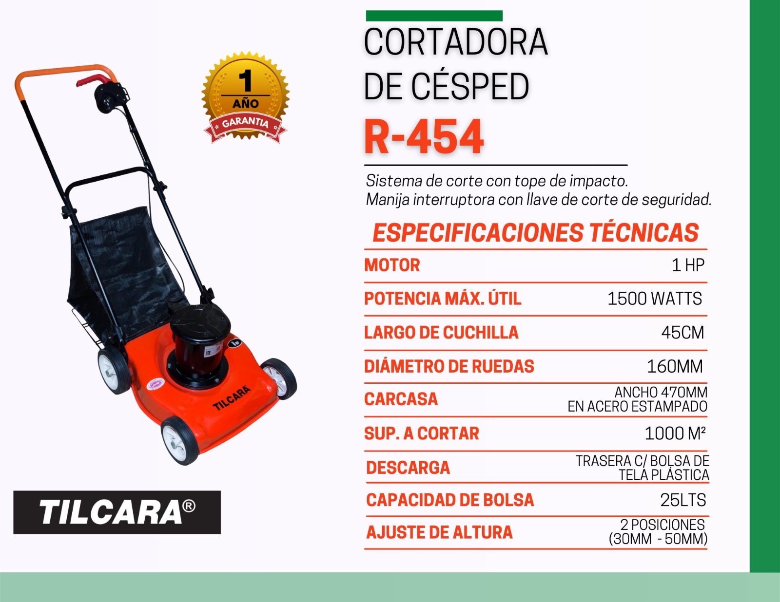 Ficha técnica cortadora tradicional salida trasera r-454 Tilcara